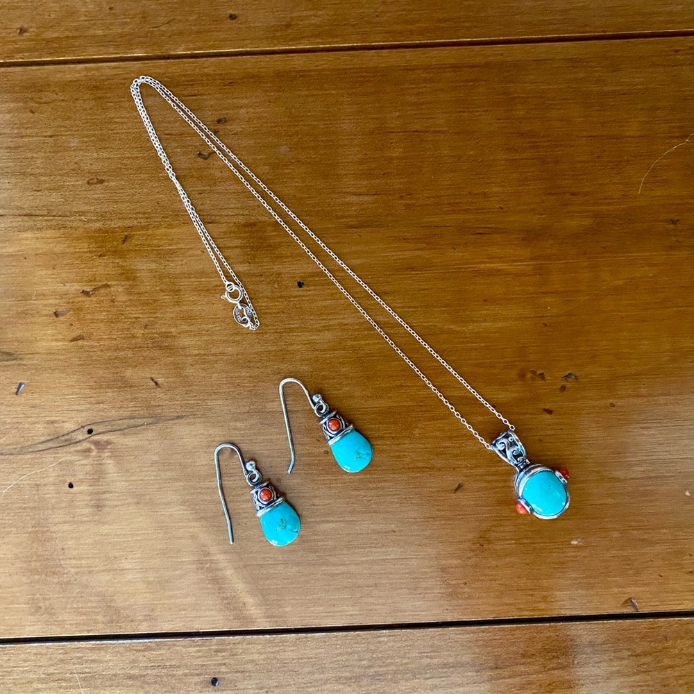 Sally C Treasures Sterling Silver Turquoise Coral Necklace and Earrings Set